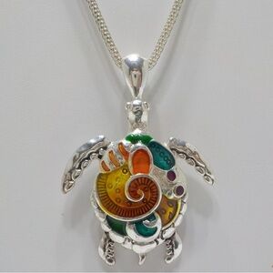 Colorful Sea Turtle bright enamel Pendant Silver Necklace